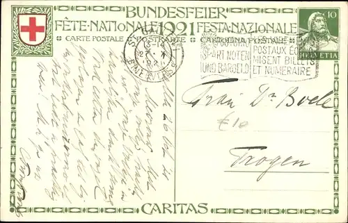 Künstler Ganzsachen Ak Schweiz, Bundesfeier 1921, Caritas, Bergrettung, Trage