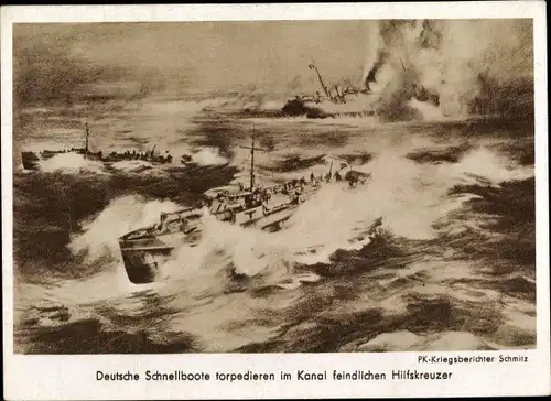 Künstler Ak Schmitz, Deutsches Kriegsschiff, Schnellboote torpedieren feindliche Hilfskreuzer