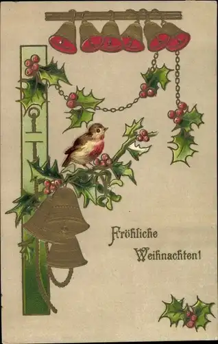 Präge Litho Glückwunsch Weihnachten, Glocken, Vogel, Stechpalmenzweige