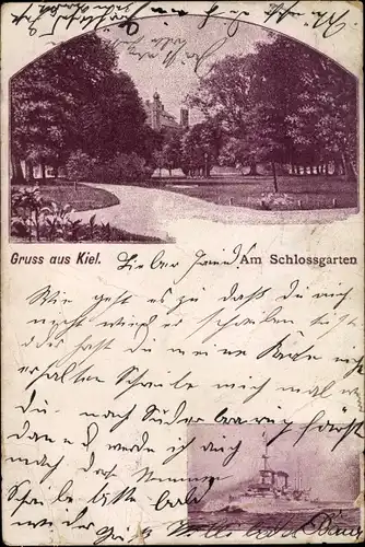 Ak Kiel in Schleswig Holstein, Am Schlossgarten, Kriegsschiff