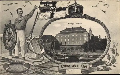 Passepartout Ak Hansestadt Kiel, Königliches Schloss, Seemann, Kriegsschiff SMS Deutschland