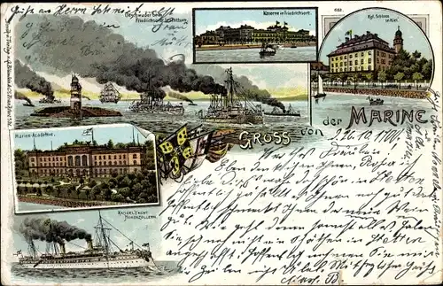 Litho Hansestadt Kiel, Königliches Schloss, Marineakademie, Kaserne Friedrichsort, SMY Hohenzollern