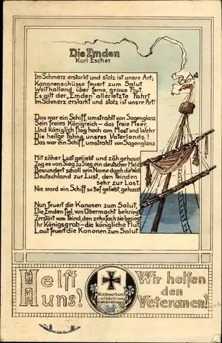 Künstler Ak Die Emden, Gedicht von Karl Escher, Reichsverbund zur Unterstützung deutscher Veteranen