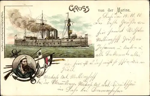 Litho Deutsches Kriegsschiff, Seemann, Fahnen, Kaiserliche Marine
