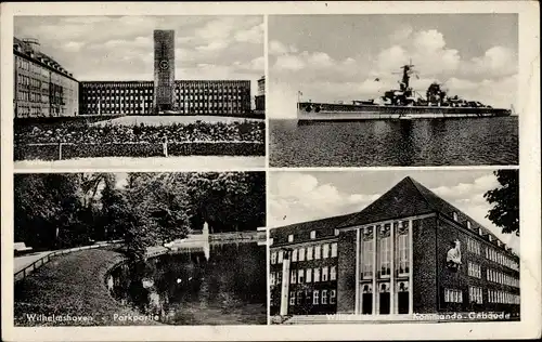 Ak Wilhelmshaven in Niedersachsen, Rathaus, Kommandogebäude, Parkpartie, Kriegsschiff