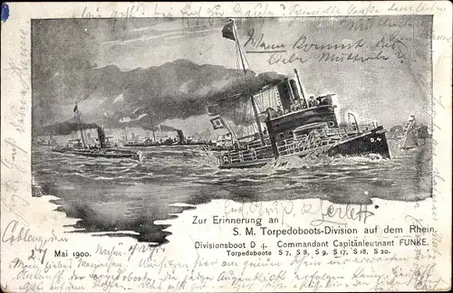 Ak Deutsches Kriegsschiff, SM Torpedoboots Division auf dem Rhein, Kapitänleutnant Funke