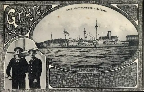 Passepartout Ak Deutsche Kriegsschiffe, SMS Württemberg, Blücher, Seeleute, Kaiserliche Marine