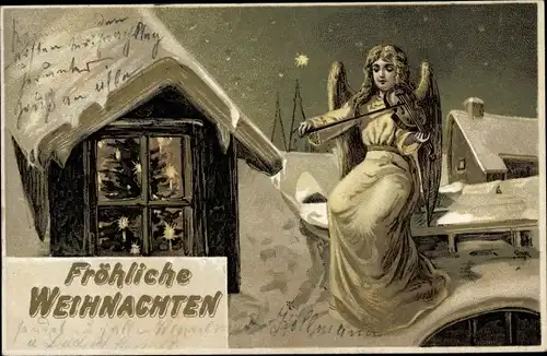 Litho Glückwunsch Weihnachten, Engel spielt Geige auf einem Dach