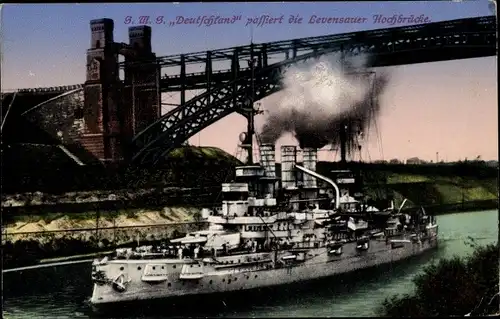 Ak Deutsches Kriegsschiff, SMS Deutschland, Linienschiff, Levensauer Hochbrücke