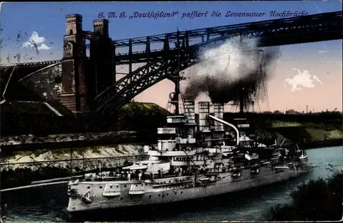 Ak Deutsches Kriegsschiff, SMS Deutschland, Linienschiff, Levensauer Hochbrücke
