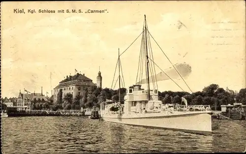 Ak Kiel in Schleswig Holstein, Deutsches Kriegsschiff, SMS Carmen, Torpedoboot, Kgl. Schloss