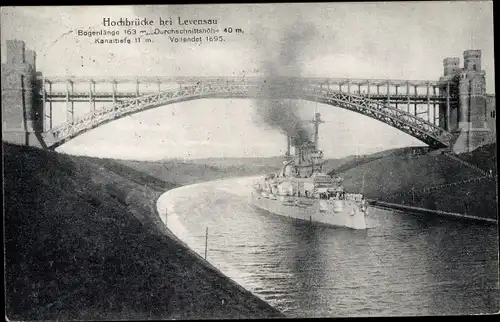 Ak Kiel, Hochbrücke Levensau, Kriegsschiff