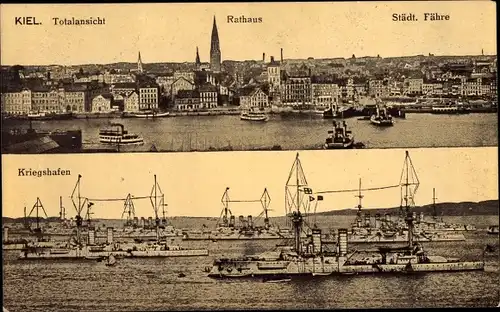 Ak Hansestadt Kiel, Rathaus, Panorama, Städt. Fähre, Kriegshafen