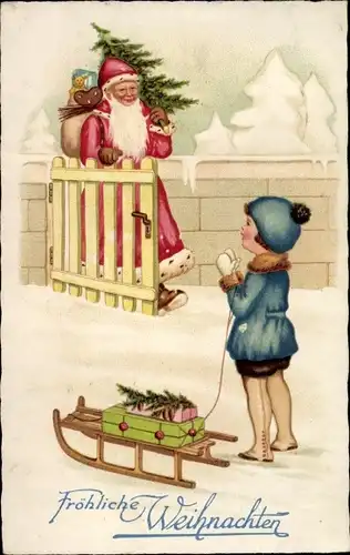 Ak Glückwunsch Weihnachten, Weihnachtsmann mit Tannenbaum, Kind mit Schlitten, Geschenke
