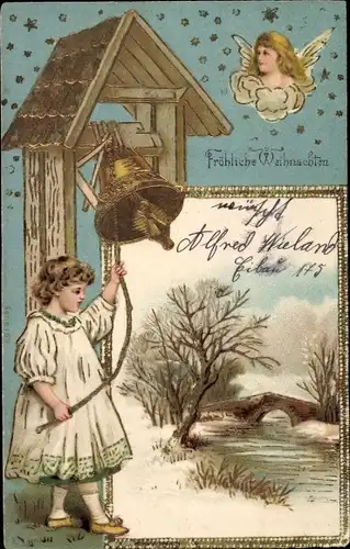 Präge Litho Glückwunsch Weihnachten, Mädchen läutet Glocke, Engel