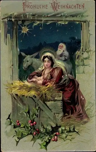 Präge Litho Glückwunsch Weihnachten, Maria mit Christuskind, Stechpalmenzweige