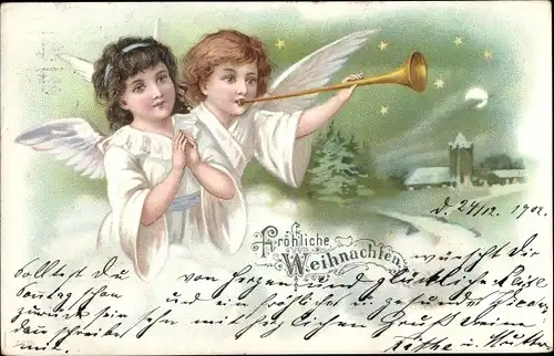 Litho Glückwunsch Weihnachten, Zwei Engel mit Fanfare, Sterne