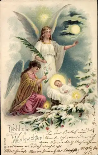 Ak Glückwunsch Weihnachten, Engel am Bett vom Christkind, Palmzweig