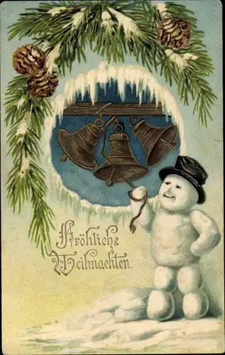 Präge Ak Glückwunsch Weihnachten, Schneemann läutet Glocken