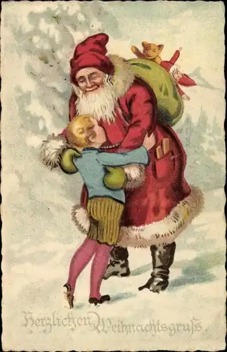 Ak Glückwunsch Weihnachten, Junge umarmt Weihnachtsmann
