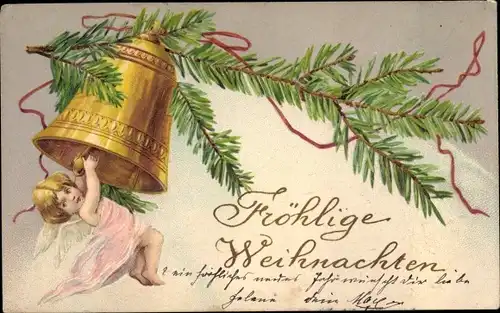 Ak Glückwunsch Weihnachten, Engel hängt am Klöppel einer Glocke