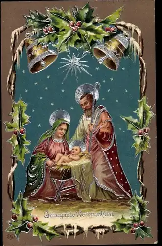 Präge Litho Glückwunsch Weihnachten, Heilige Familie, Christkind, Glocken, Stechpalmenzweige
