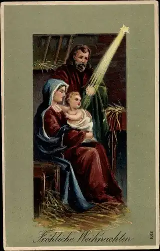 Ak Glückwunsch Weihnachten, Heilige Familie im Stall, Christkind, Stern