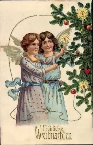 Präge Ak Glückwunsch Weihnachten, Engel entzünden Kerzen am Tannenbaum