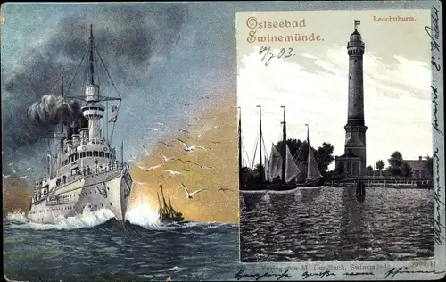 Passepartout Ak Świnoujście Swinemünde Pommern, Leuchtturm, Deutsches Kriegsschiff