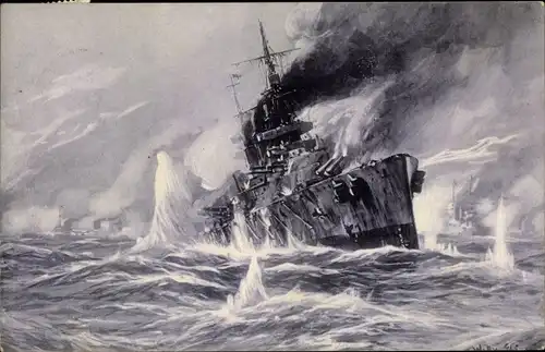 Künstler Ak Stöwer, Willy, Seegefecht in der Nordsee 1915, Deutsches Kriegsschiff, engl. Kreuzer