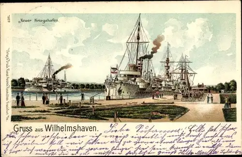 Litho Wilhelmshaven, Neuer Kriegshafen mit Kriegsschiffen