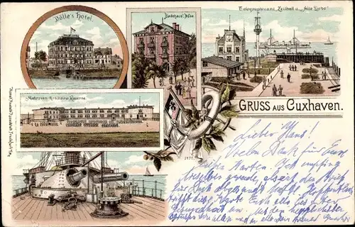 Litho Cuxhaven, Dölles Hotel, Matrosen Artillerie Kaserne, Telegraphenamt, Kriegsschiff, Badehaus
