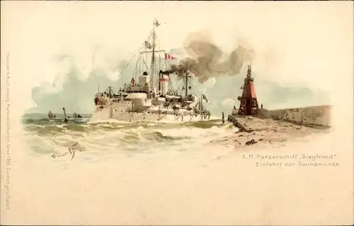 Künstler Litho Bohrdt, Hans, Swinemünde, Deutsches Kriegsschiff, SMS Siegfried, Panzerschiff