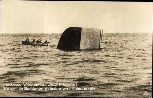Ak Deutsches Kriegsschiff, Torpedoboot V. 100 vom russischen Zerstörer torpediert