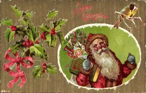 Ak Glückwunsch Weihnachten, Weihnachtsmann, Stechpalme, Geschenke, Vogel