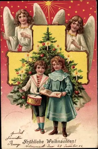 Litho Glückwunsch Weihnachten, Engel, Tannenbaum, Junge mit Trommel, Mädchen mit Buch