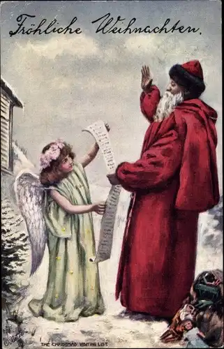 Künstler Ak Frohe Weihnachten, The Christmas Visiting List, Weihnachtsmann, Engel