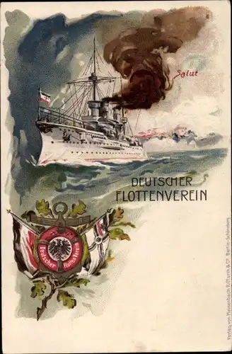 Litho Deutscher Flottenverein, Deutsches Kriegsschiff, Salut, Fahnen, Kaiserliche Marine