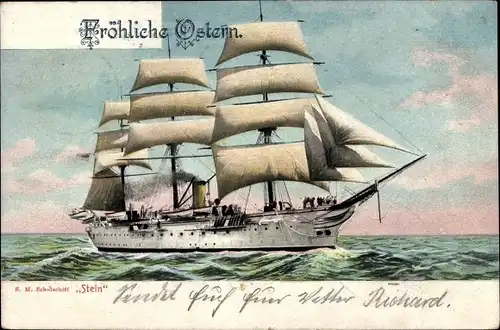 Litho Segelschiff, SM Schulschiff Stein, Glückwunsch Ostern