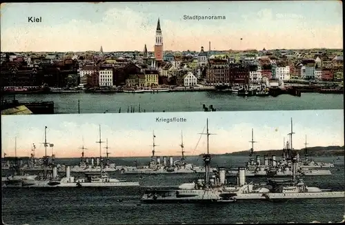 Ak Kiel, Stadtpanorama, Kiegsflotte, Deutsche Kriegsschiffe, Kaiserliche Marine