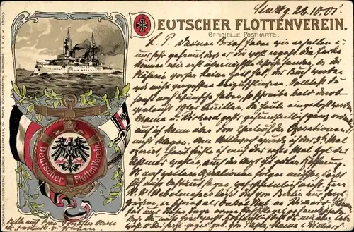 Präge Litho Deutscher Flottenverein, Deutsches Kriegsschiff, Fahne