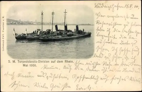 Ak Deutsche Kriegsschiffe, Torpedobootsdivision aus dem Rhein, Mai 1900