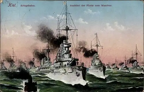 Ak Kiel, Kriegshafen, Deutsche Kriegsschiffe, Ausfahrt der Flotte zum Manöver, Kaiserliche Marine