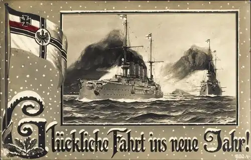 Passepartout Ak Glückwunsch Neujahr, Deutsche Kriegsschiffe, Fahne