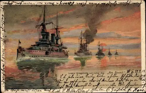 Litho Deutsche Kriegsschiffe, Kaiserliche Flotte auf Hoher See, Sonnenuntergang