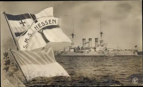 Ak Deutsches Kriegsschiff, SMS Hessen, Linienschiff, Fahne