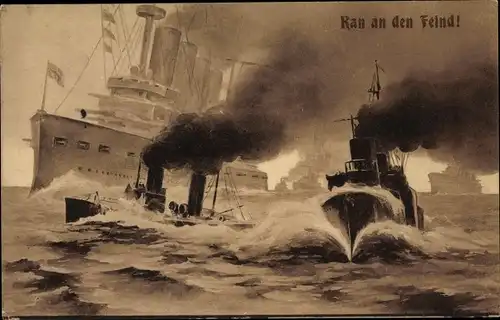 Ak Ran an den Feind, deutsche Kriegsschiffe, Kaiserliche Marine