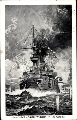 Künstler Ak Thiele, Arthur, Deutsches Kriegsschiff, SMS Kaiser Wilhelm II, Im Gefecht