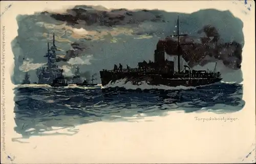 Mondschein Künstler Litho Torpedobootjäger, deutsches Kriegsschiff