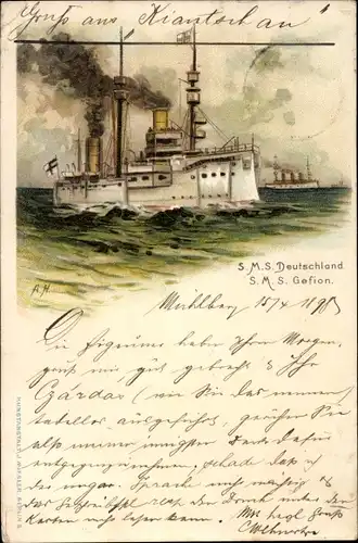 Künstler Litho Deutsches Kriegsschiff, SMS Deutschland, Linienschiff SMS Gefion, kleiner Kreuzer